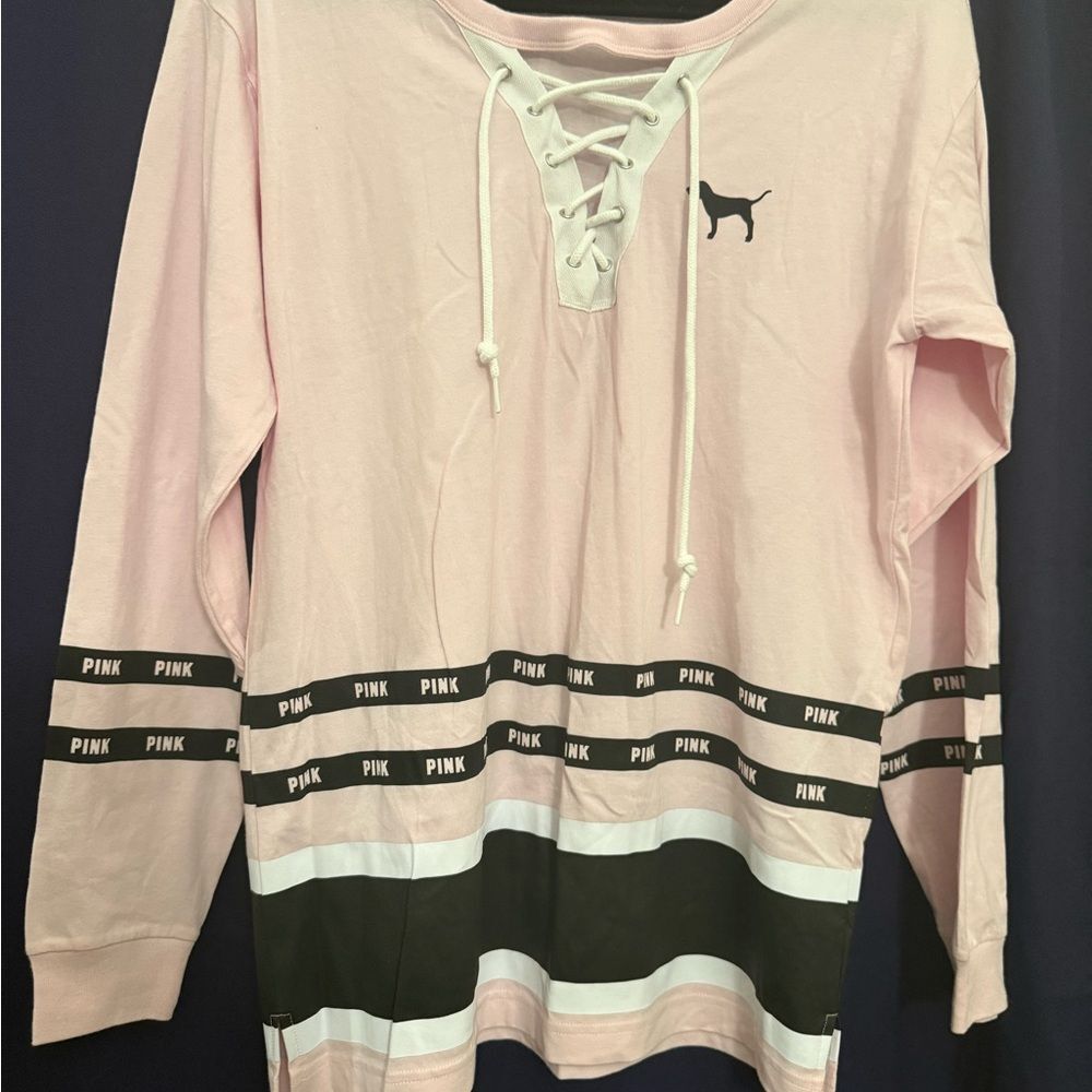 Victoria’s Secret PINK Oversized Hockey Jersey Lace Up Long Sleeve Tee Sm Tape